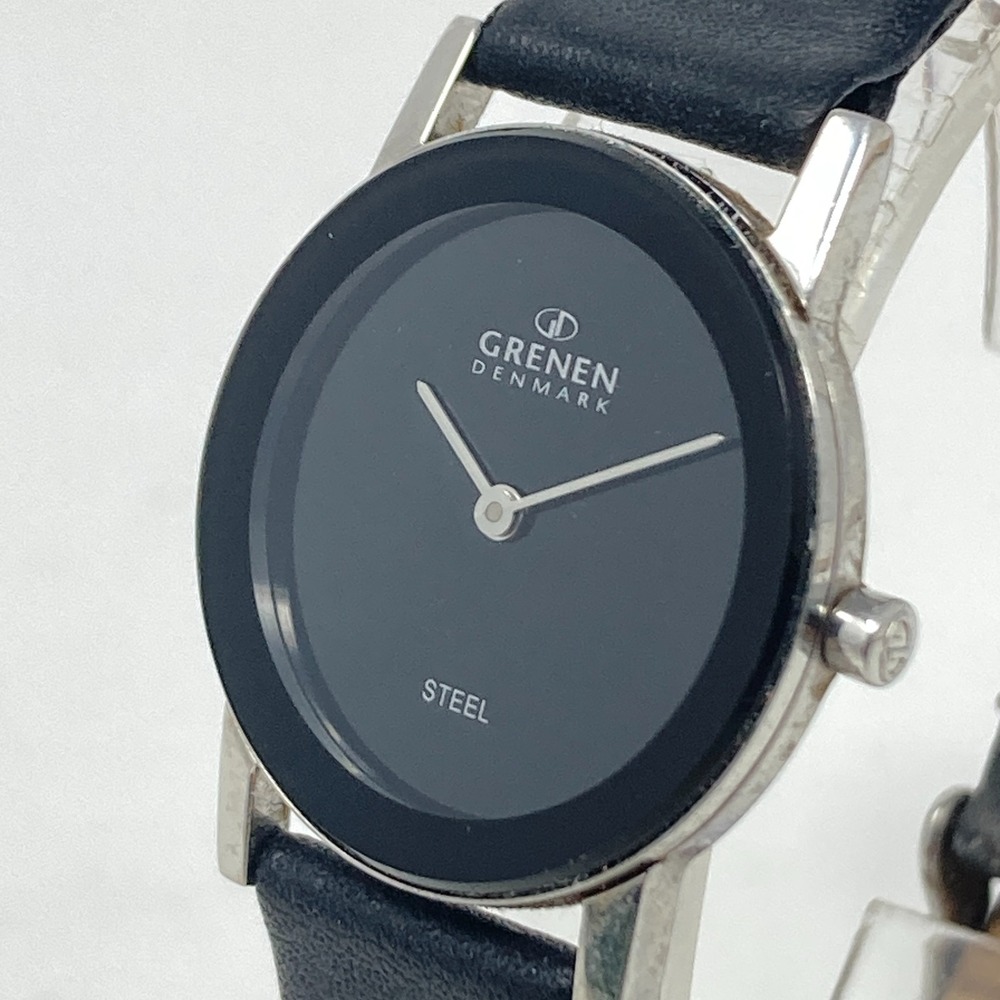 Skagen Grenen Womens Watch 27mm Silver Tone Black Slim Leather New Battery 8.75"